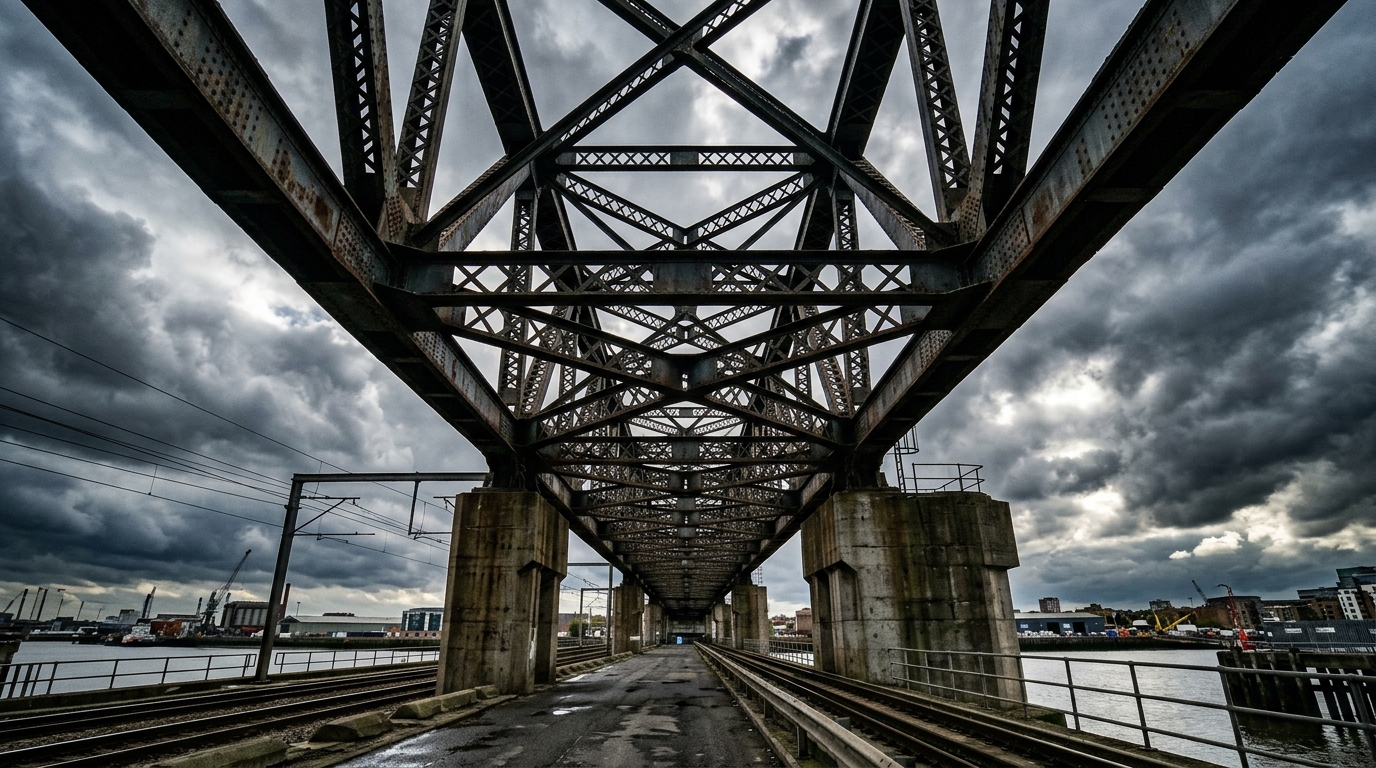 Pont en acier brutaliste vu en contre-plongee sous un ciel dramatique.