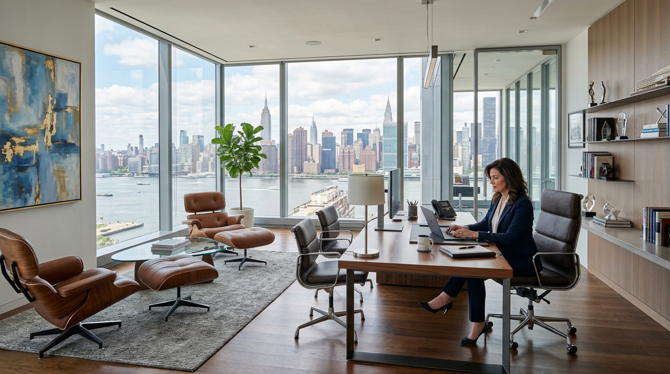 Bureau de direction moderne avec vue panoramique sur la ville.