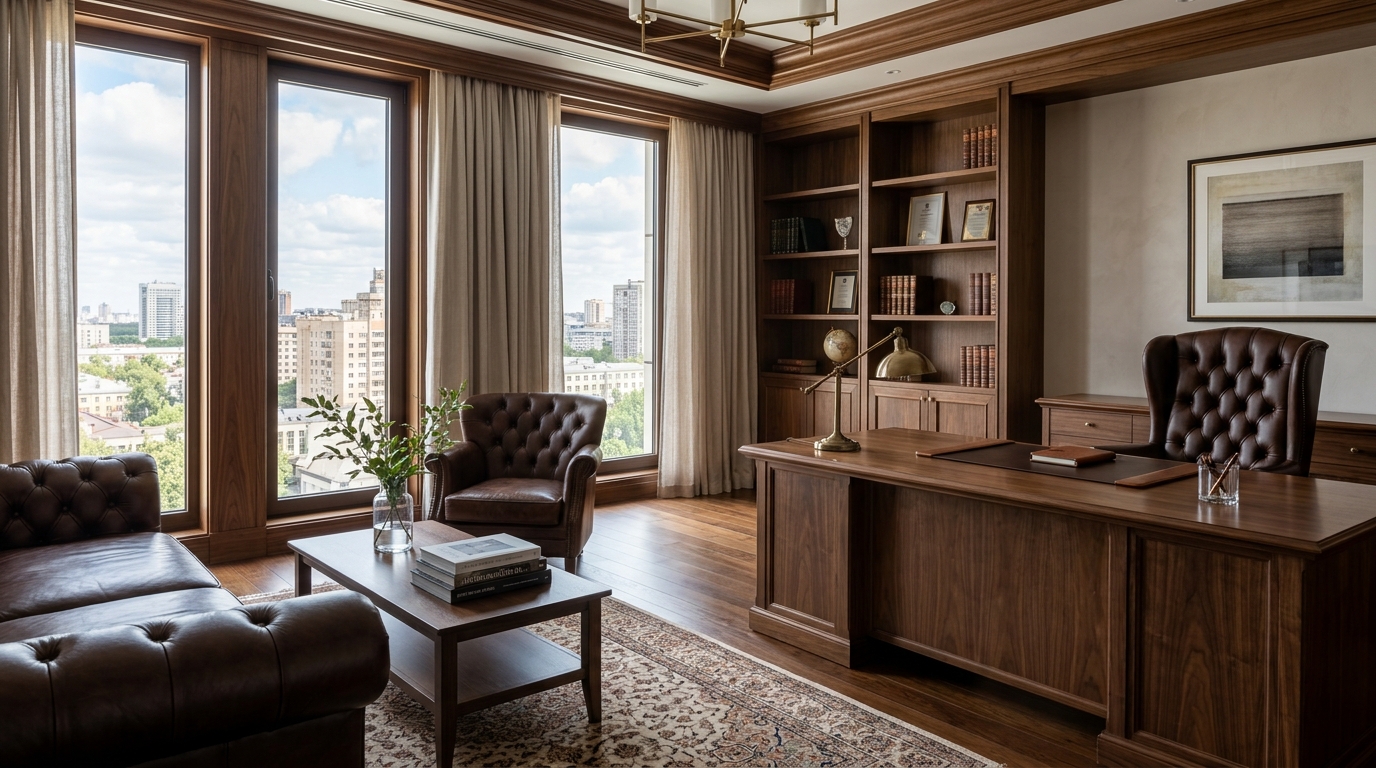 Interieur d'un bureau directorial vide avec mobilier bois et cuir.