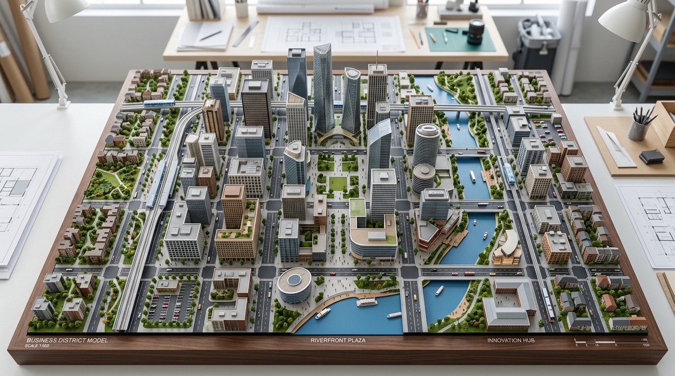 Maquette architecturale d'un quartier d'affaires vue en plongee.
